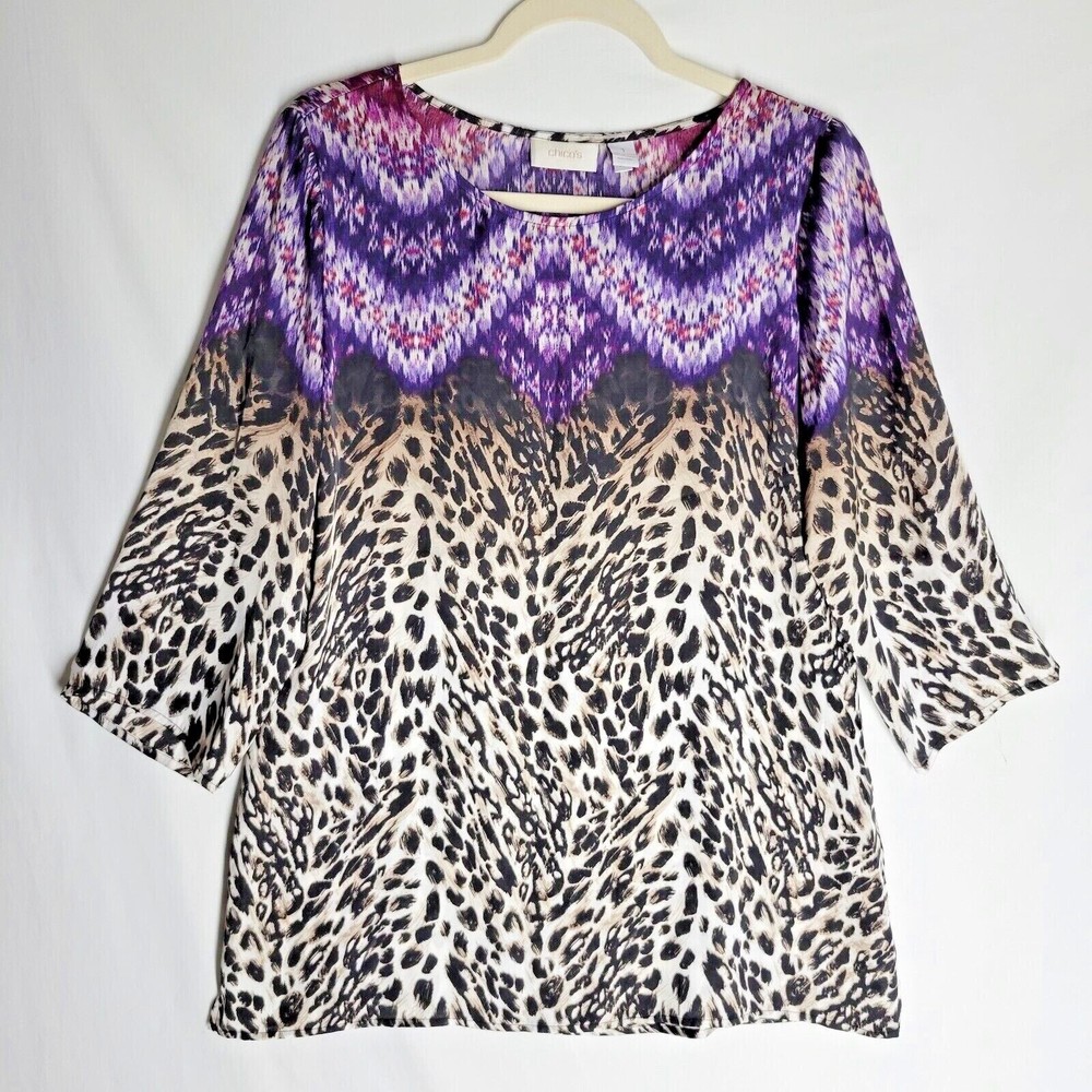 Chico's Womens Shirt Size Medium (8/10) Animal Print Top 3/4 Sleeve Lightweight